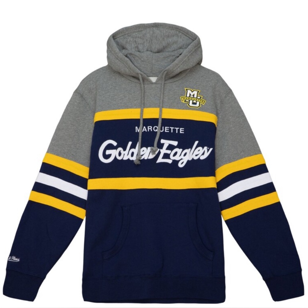 Men’s MITCHELL & NESS Navy Marquette Golden Eagles Head Coach Hoody, Size: XXL
